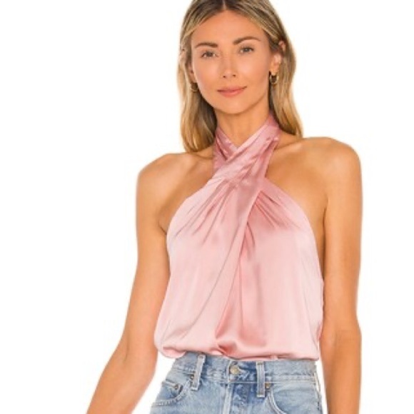 Superdown Amerie Pleated Halter Top Satin Pink Date Revolve Blouse Shirt Tank - Picture 1 of 11